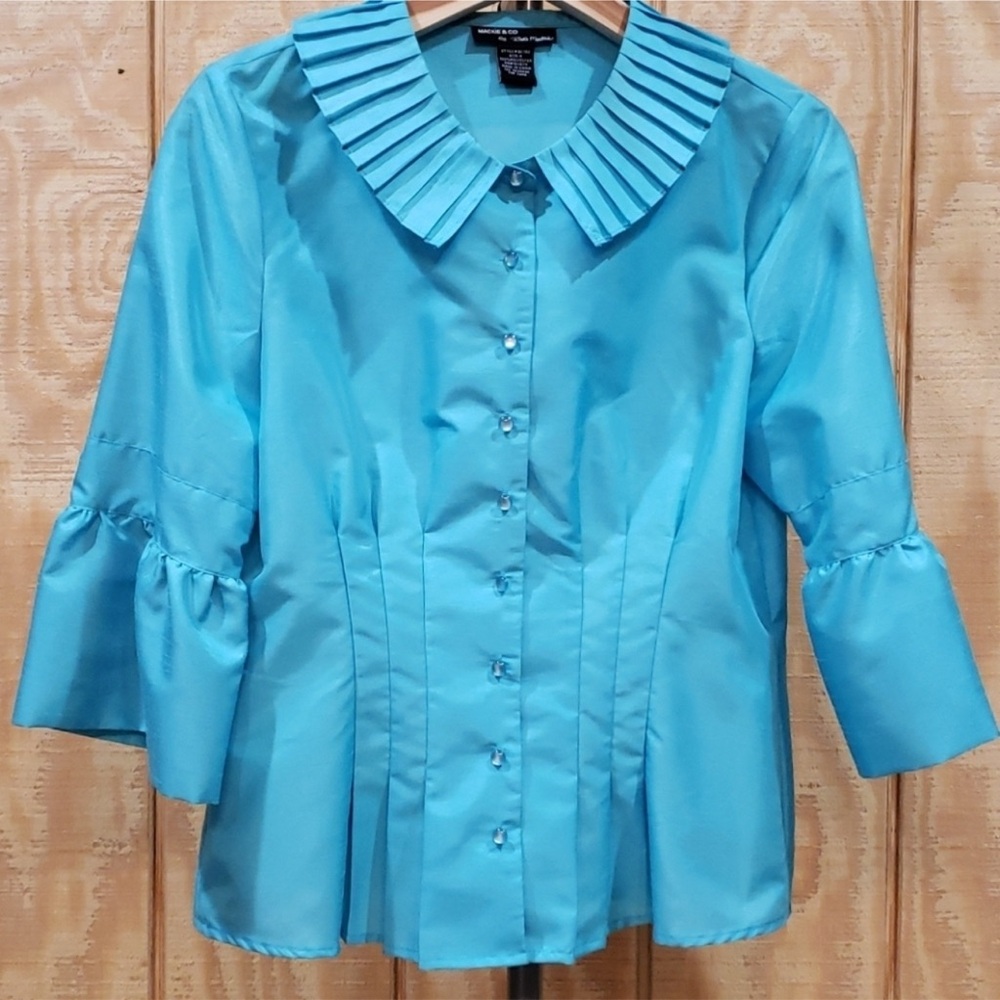 Bob Mackie Designer Pleated Collar Ruffled Button Front Blouse Top Size 8